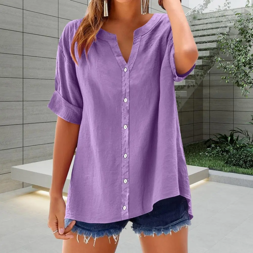 Stylish and Elegant Latest Spring and Summer Women's Top with a Notched V-Neck and Short Sleeves