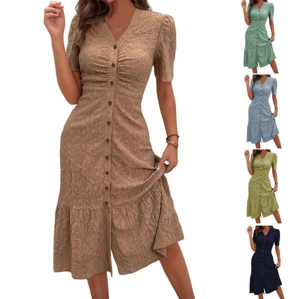 Hollow Out Button Long Dress Woman Pleated Short Sleeve Bodycon Dress Summer Elegant Party Dresses For Women 2025 Midi Dresses