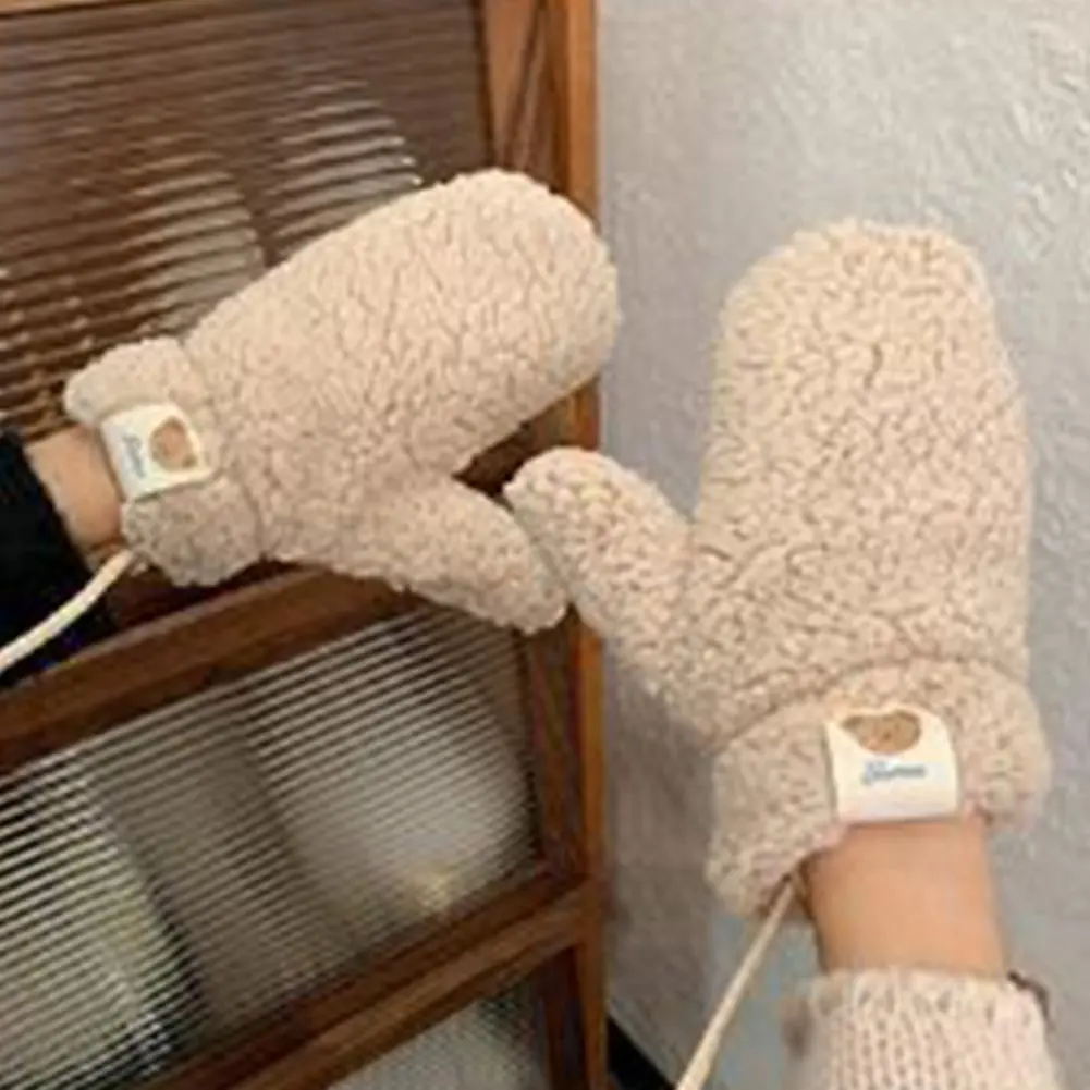 Weather Driving Gloves Plush Cartoon Bear Winter Cycling Mittens with Neck-hanging Strap for Weather Driving Skiing Windproof
