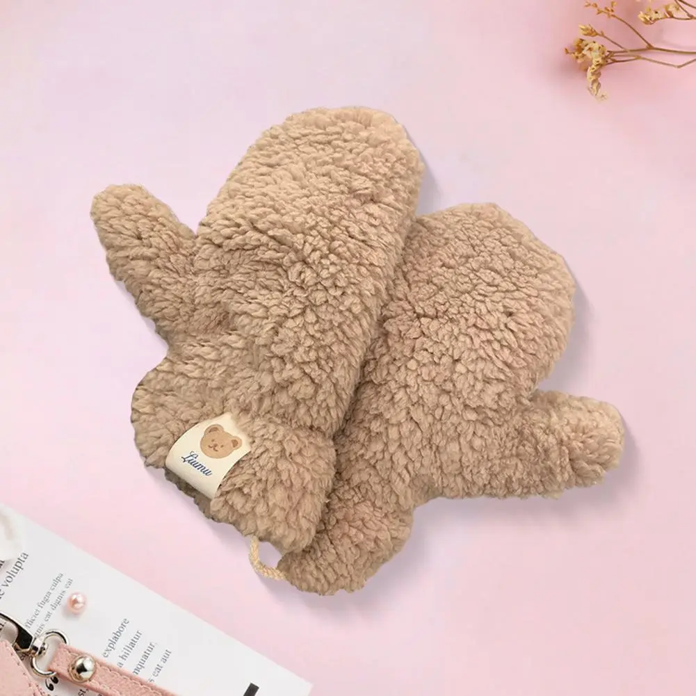 Weather Driving Gloves Plush Cartoon Bear Winter Cycling Mittens with Neck-hanging Strap for Weather Driving Skiing Windproof