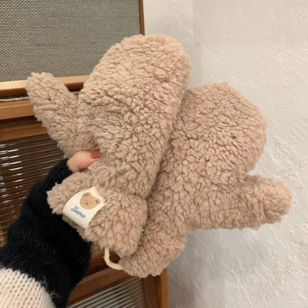 Weather Driving Gloves Plush Cartoon Bear Winter Cycling Mittens with Neck-hanging Strap for Weather Driving Skiing Windproof
