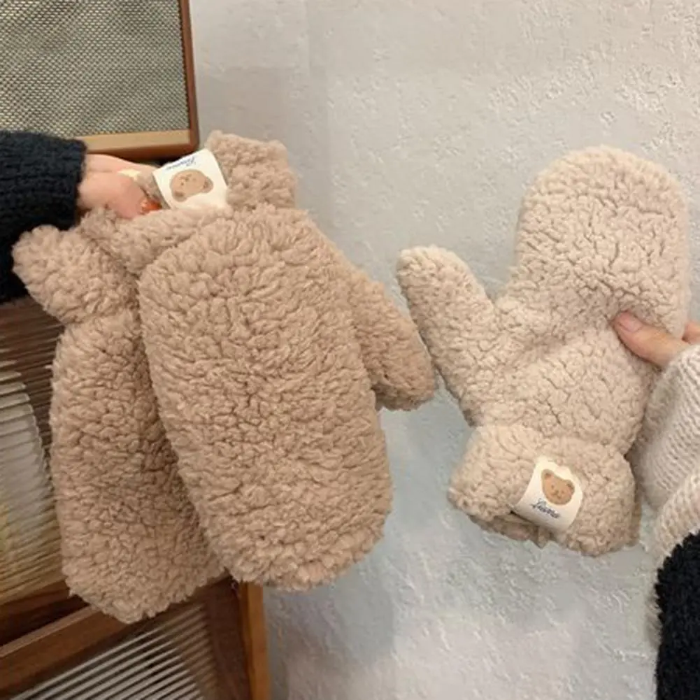 Weather Driving Gloves Plush Cartoon Bear Winter Cycling Mittens with Neck-hanging Strap for Weather Driving Skiing Windproof