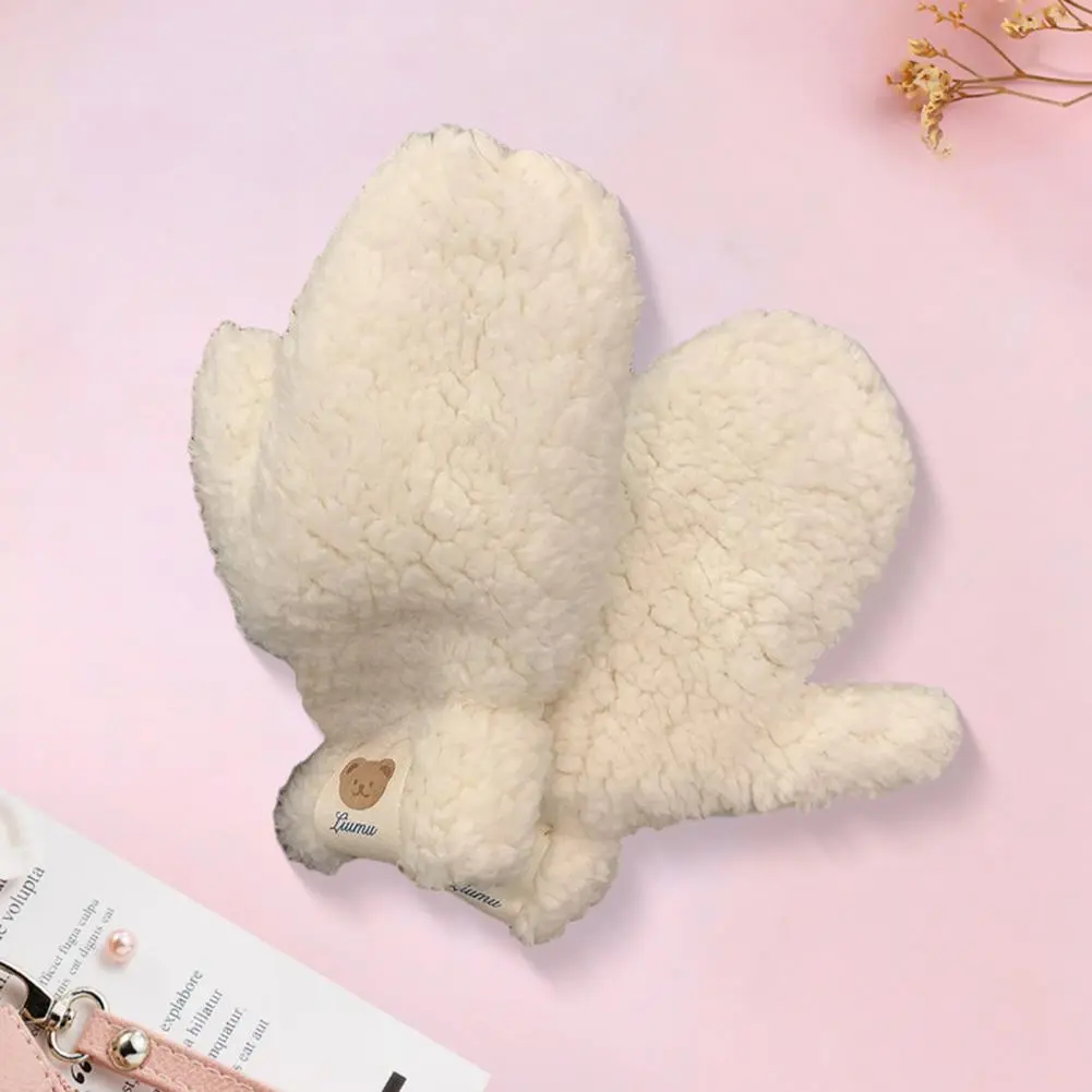 Weather Driving Gloves Plush Cartoon Bear Winter Cycling Mittens with Neck-hanging Strap for Weather Driving Skiing Windproof