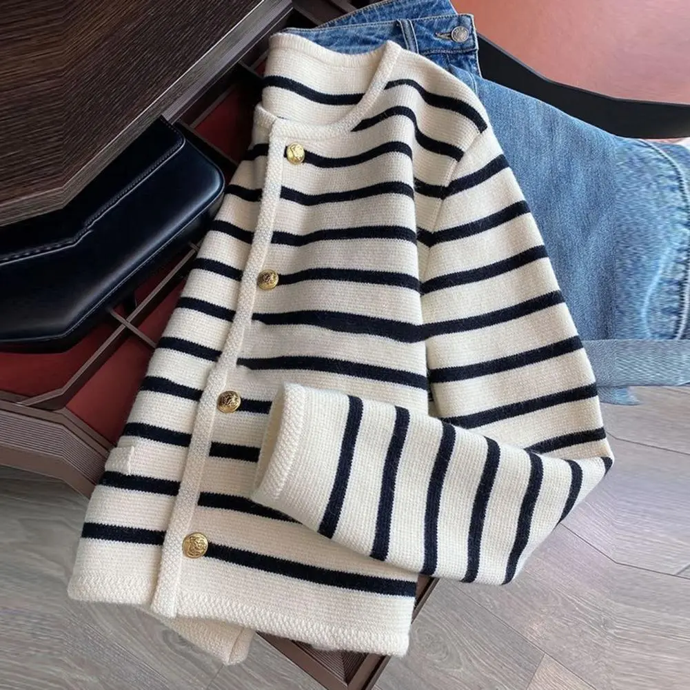Women's Korean Fashion Long-sleeved Striped Knit Sweater Cardigans Outwear Coat