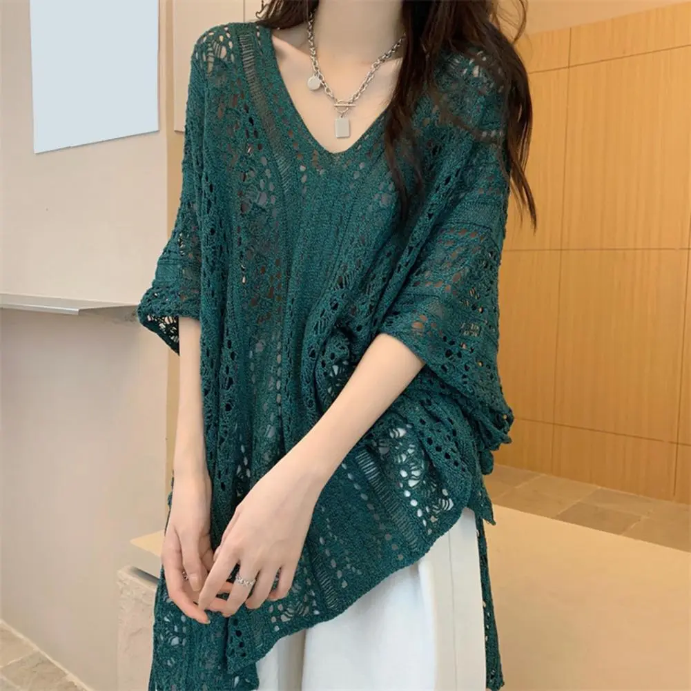 Hollow Out Knit Pullover Women Casual V Neck Sweater Female Autumn Short Sleeves Solid Knitwears Lady