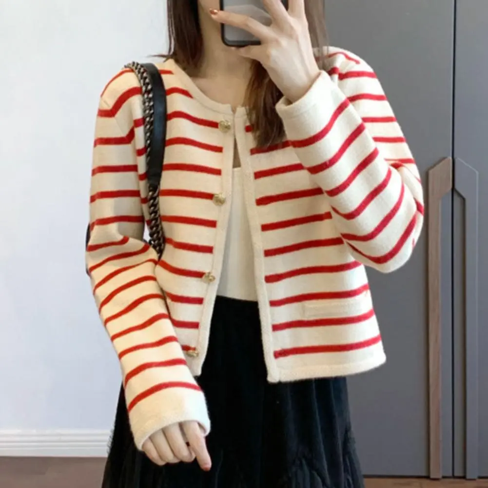 Women's Korean Fashion Long-sleeved Striped Knit Sweater Cardigans Outwear Coat