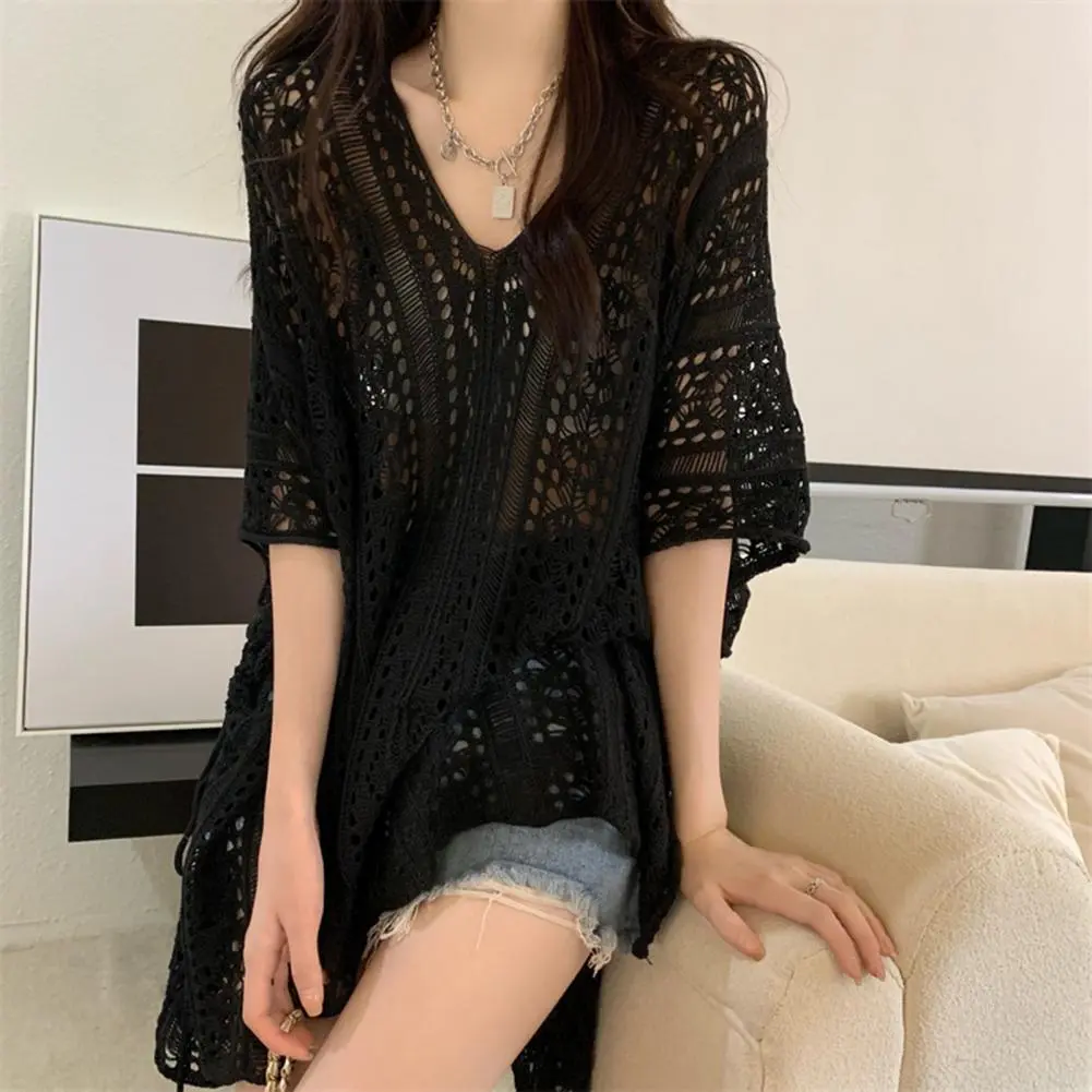 Hollow Out Knit Pullover Women Casual V Neck Sweater Female Autumn Short Sleeves Solid Knitwears Lady