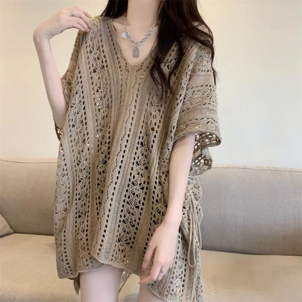 Hollow Out Knit Pullover Women Casual V Neck Sweater Female Autumn Short Sleeves Solid Knitwears Lady
