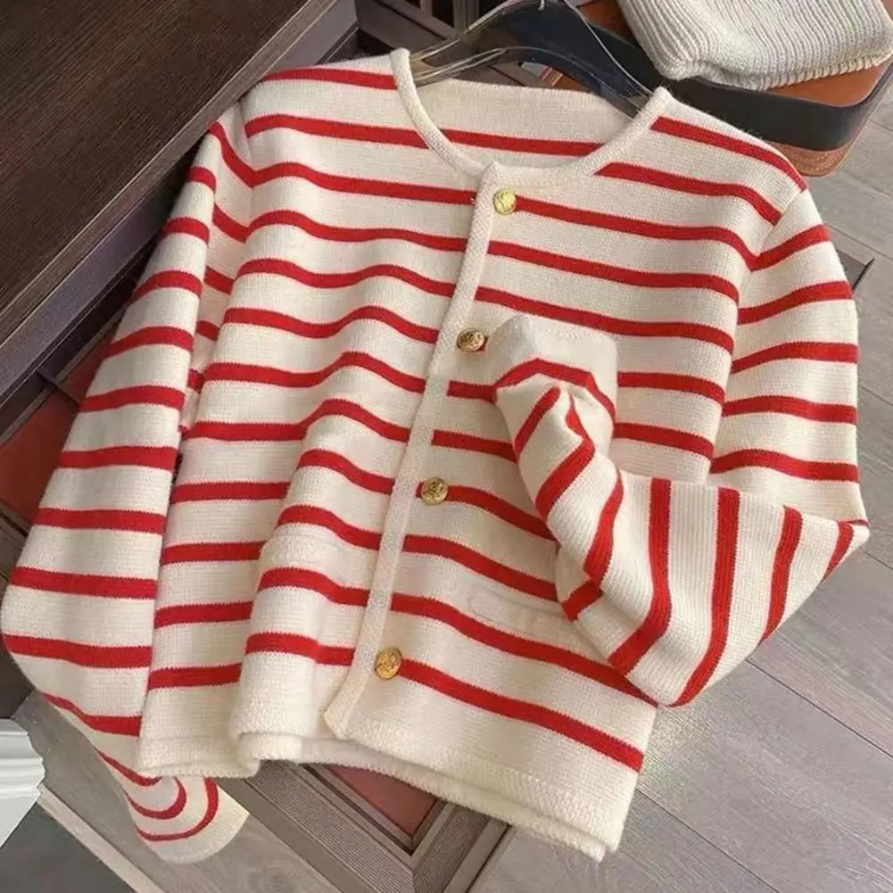 Women's Korean Fashion Long-sleeved Striped Knit Sweater Cardigans Outwear Coat