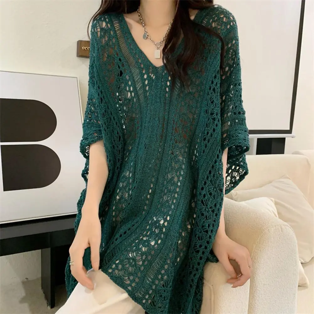 Hollow Out Knit Pullover Women Casual V Neck Sweater Female Autumn Short Sleeves Solid Knitwears Lady