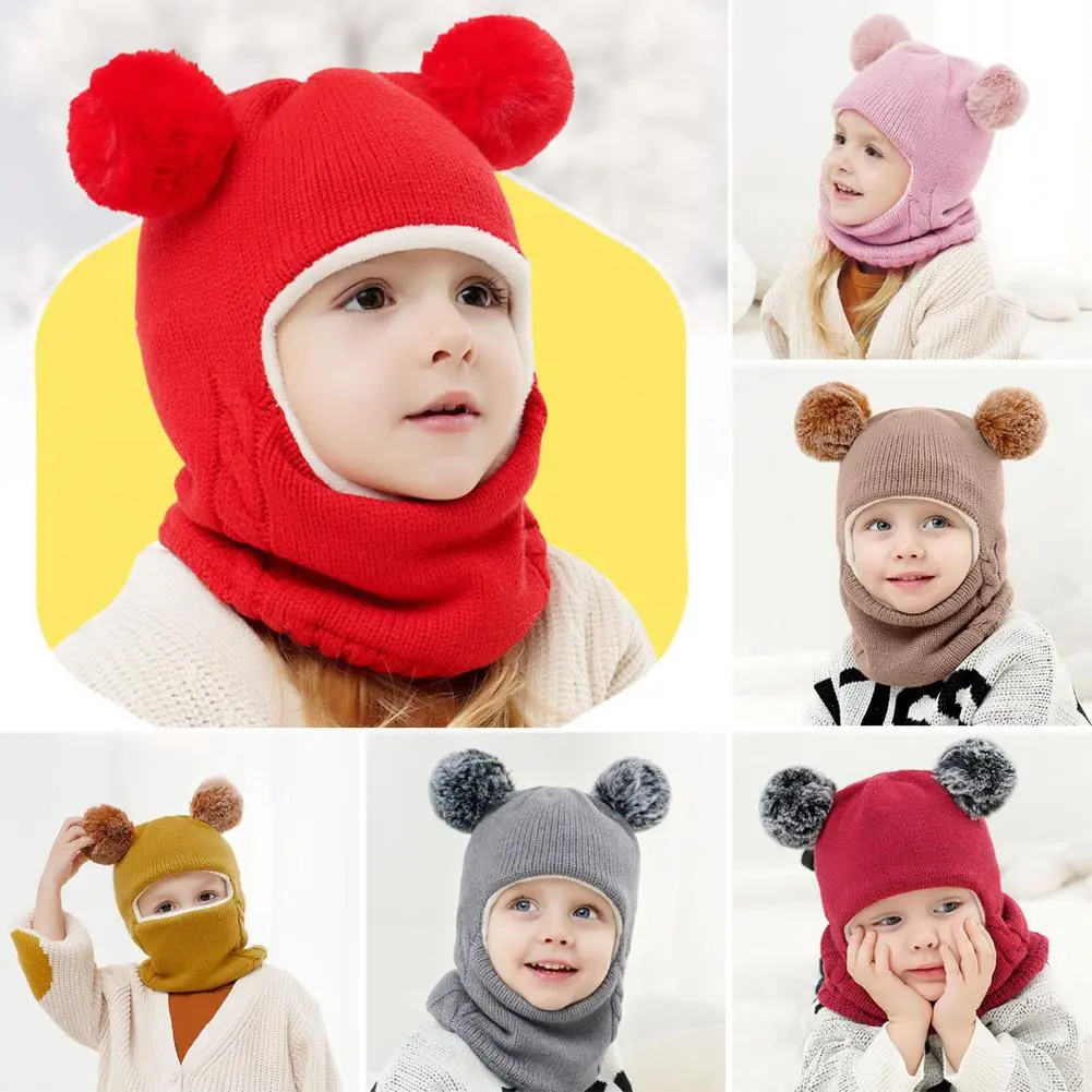 1-7Y Winter Baby Hat Scarf One-Piece Pompom Knit Hat for Kids Warm Neck Ball Cap for Girls Boys Windproof Beanies Infant Cap