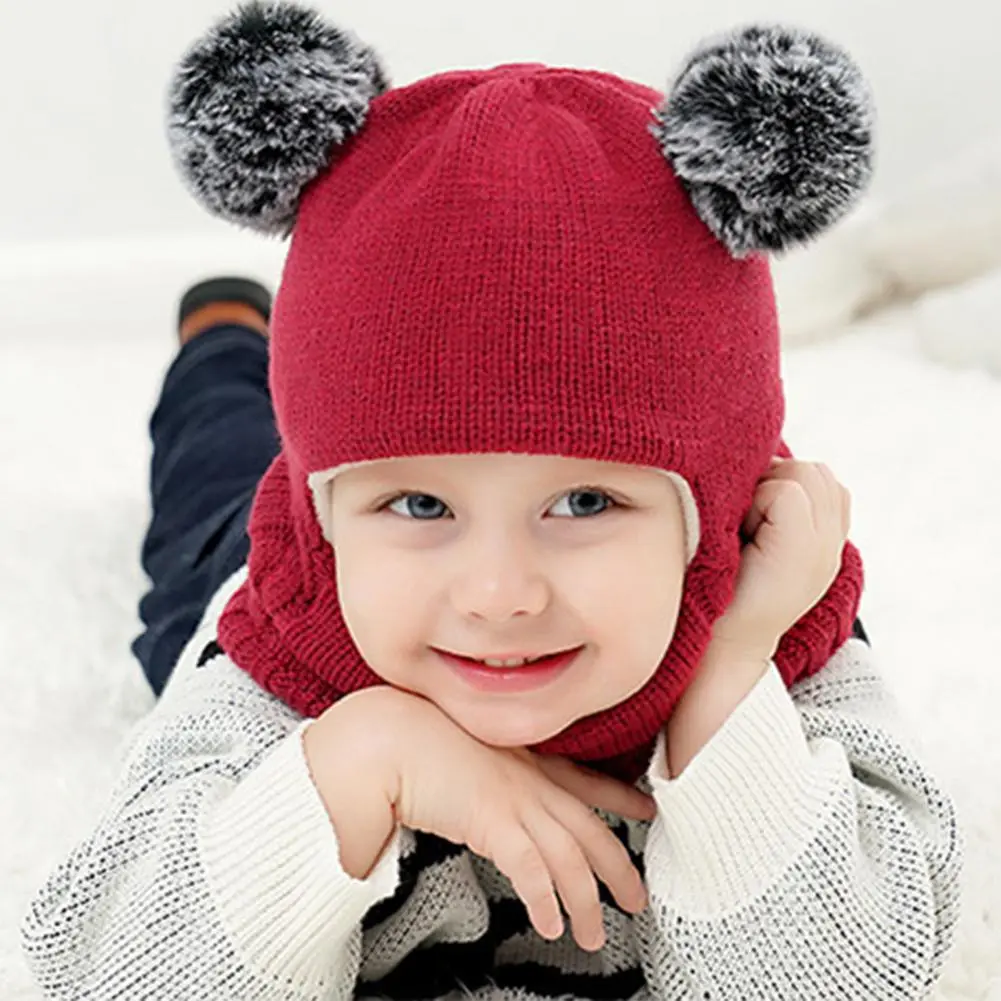 1-7Y Winter Baby Hat Scarf One-Piece Pompom Knit Hat for Kids Warm Neck Ball Cap for Girls Boys Windproof Beanies Infant Cap