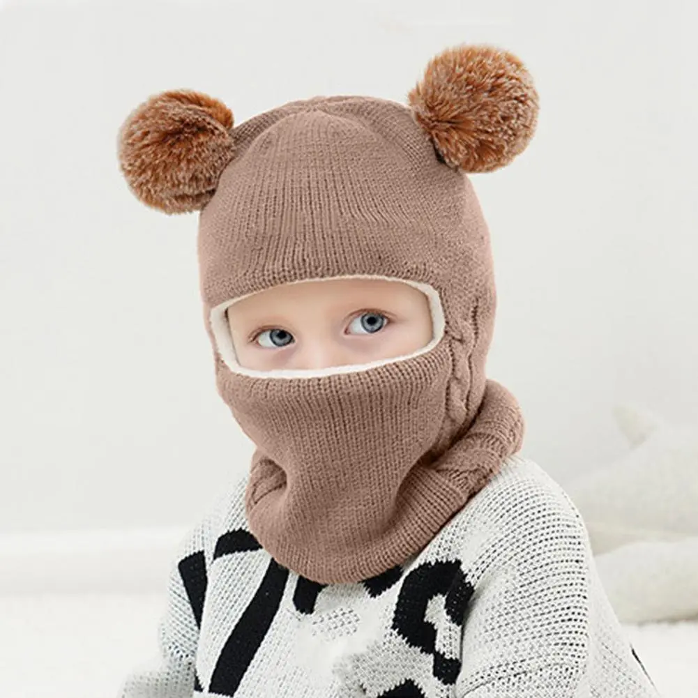 1-7Y Winter Baby Hat Scarf One-Piece Pompom Knit Hat for Kids Warm Neck Ball Cap for Girls Boys Windproof Beanies Infant Cap