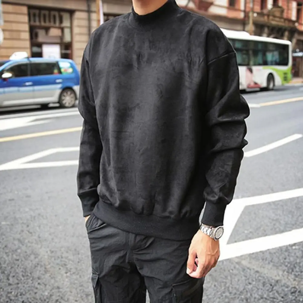 Casual Round Neck Pullover Men's Double-sided Velvet Pullover with Half-high Collar Elastic Cuffs Solid for Spring for School
