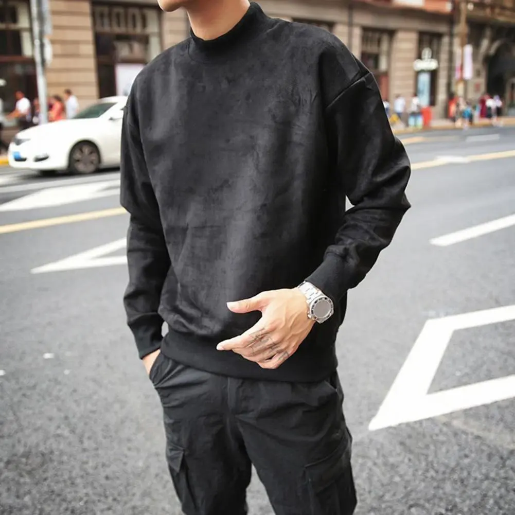 Casual Round Neck Pullover Men's Double-sided Velvet Pullover with Half-high Collar Elastic Cuffs Solid for Spring for School