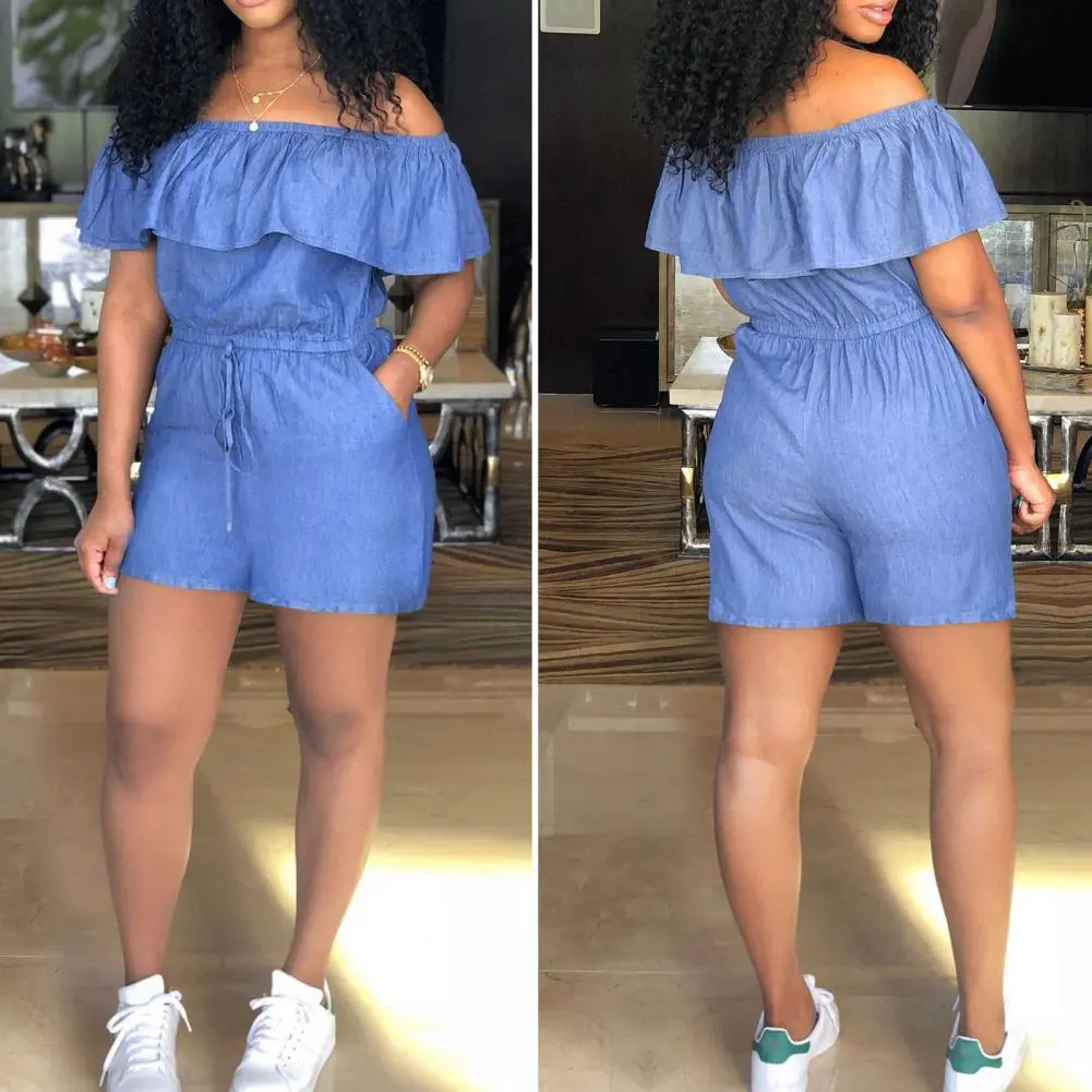Romper Sexy Off Shoulder Ruffle Hem Jumpsuit Shorts Female 2025 Summer Loose Wide Leg Shorts Korean Jumpsuit Shorts For Women