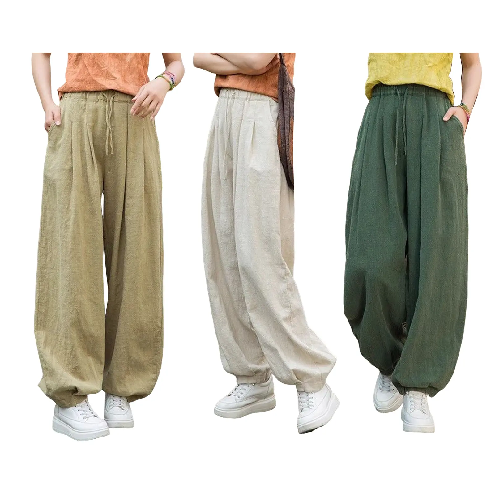 2023 Cotton Linen Pants Women's Elastic Waist Loose Comfort Casual Pants Vintage Solid Straight Trousers Summer Streetwear