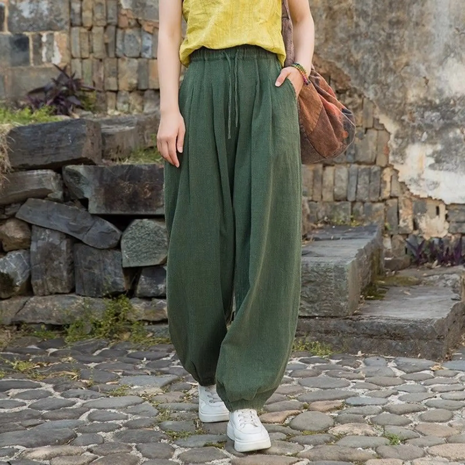 2023 Cotton Linen Pants Women's Elastic Waist Loose Comfort Casual Pants Vintage Solid Straight Trousers Summer Streetwear