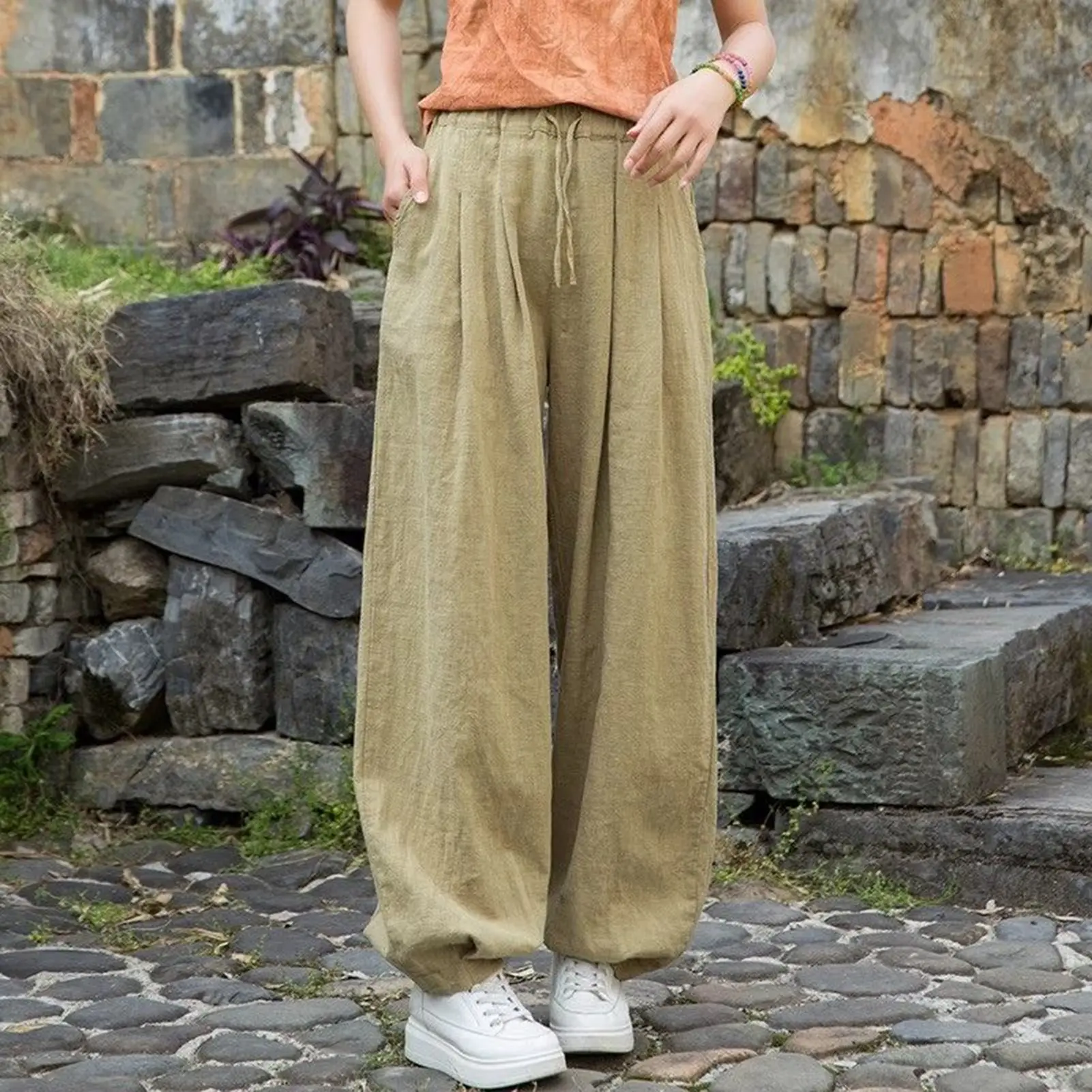 2023 Cotton Linen Pants Women's Elastic Waist Loose Comfort Casual Pants Vintage Solid Straight Trousers Summer Streetwear