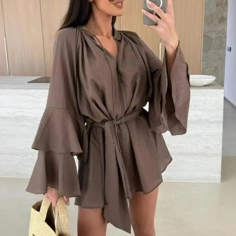 Women Print Dress Sexy V-Neck Bat Sleeve Ruffl Flowers Print Bohemian Beach Sundress Ladies Loose Summer Vacation Mini Dresses