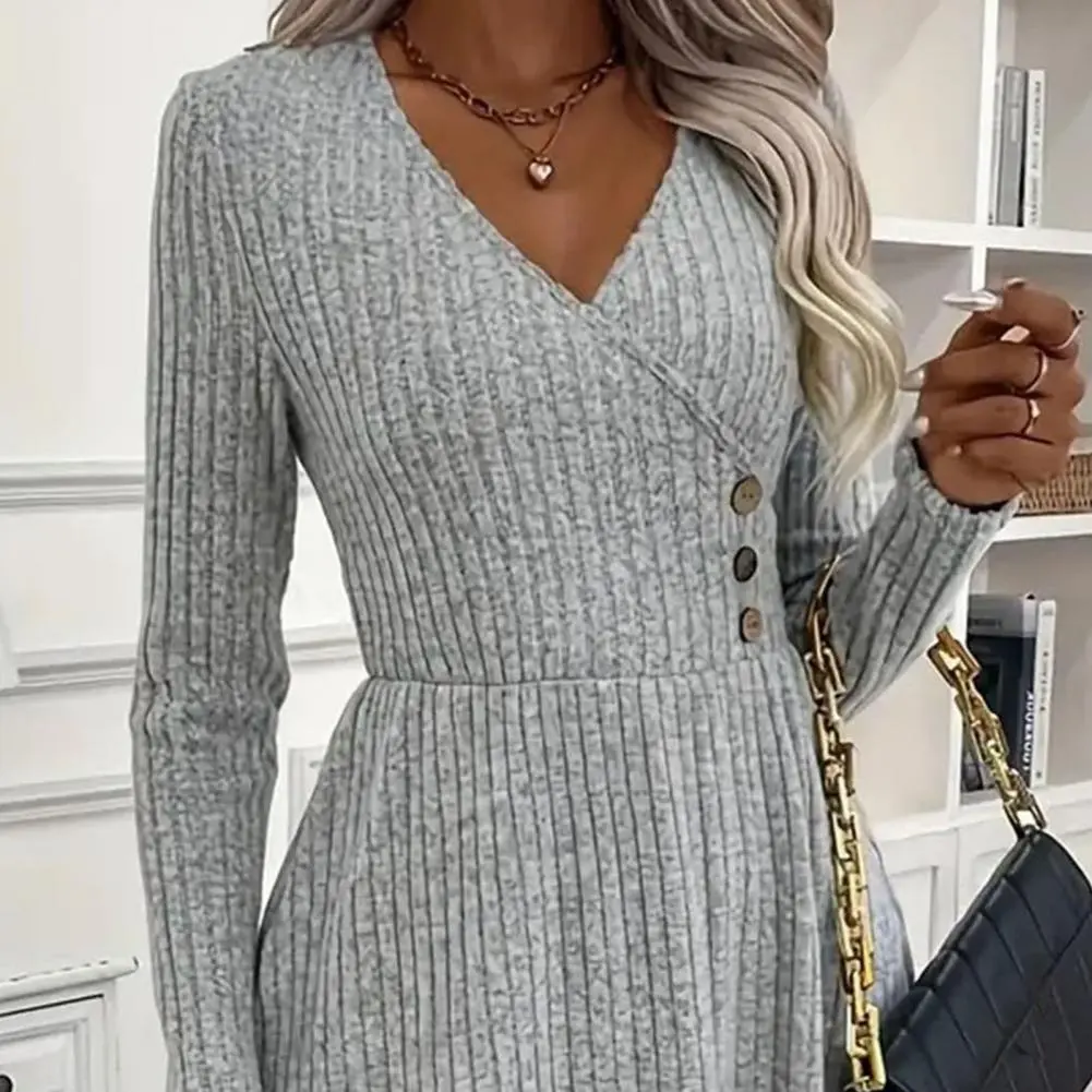 Women Elegant Solid Knitted Mini Dress Fashion Long Sleeve V Neck Sexy Dresses 2024 Autumn Winter Female A-Line Dress Streetwear