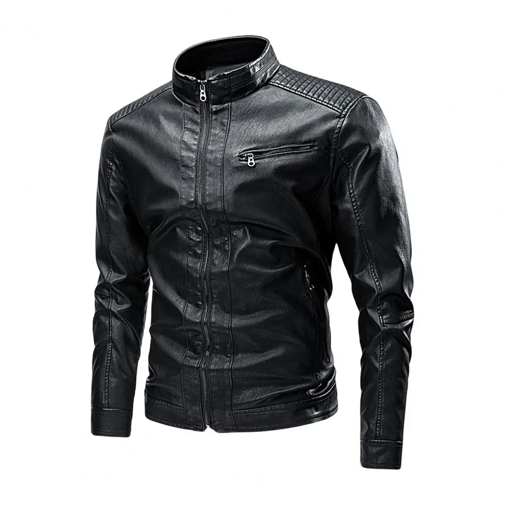Men's Stand Collar Leather Jacket Motorcycle Lightweight Faux Leather Outwear Racing Jackets Motocross