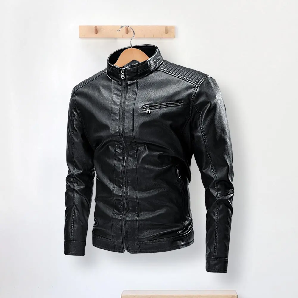 Men's Stand Collar Leather Jacket Motorcycle Lightweight Faux Leather Outwear Racing Jackets Motocross