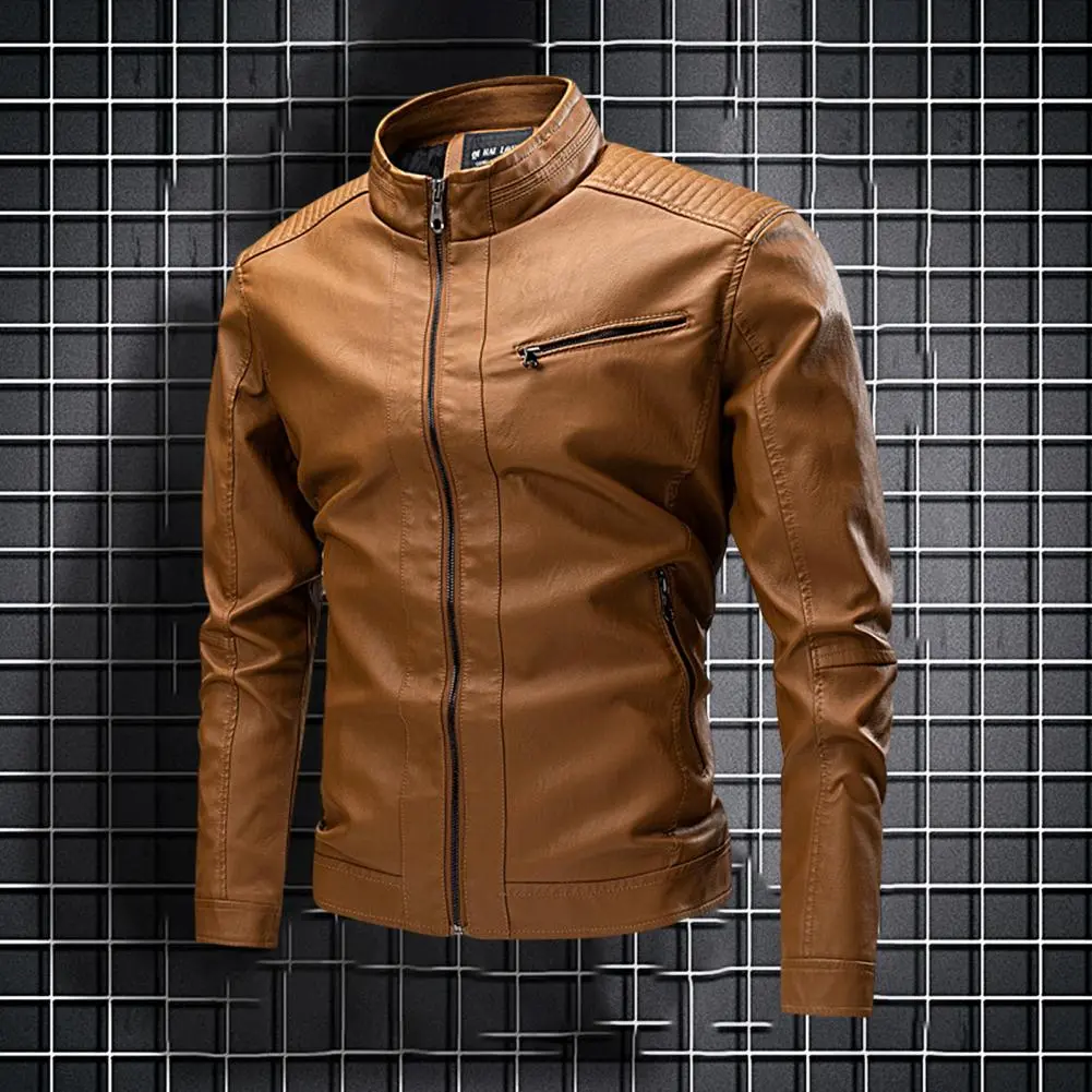 Men's Stand Collar Leather Jacket Motorcycle Lightweight Faux Leather Outwear Racing Jackets Motocross
