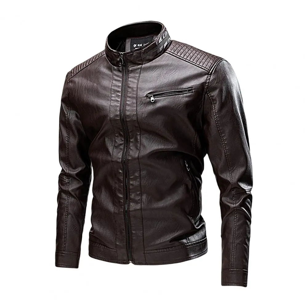 Men's Stand Collar Leather Jacket Motorcycle Lightweight Faux Leather Outwear Racing Jackets Motocross