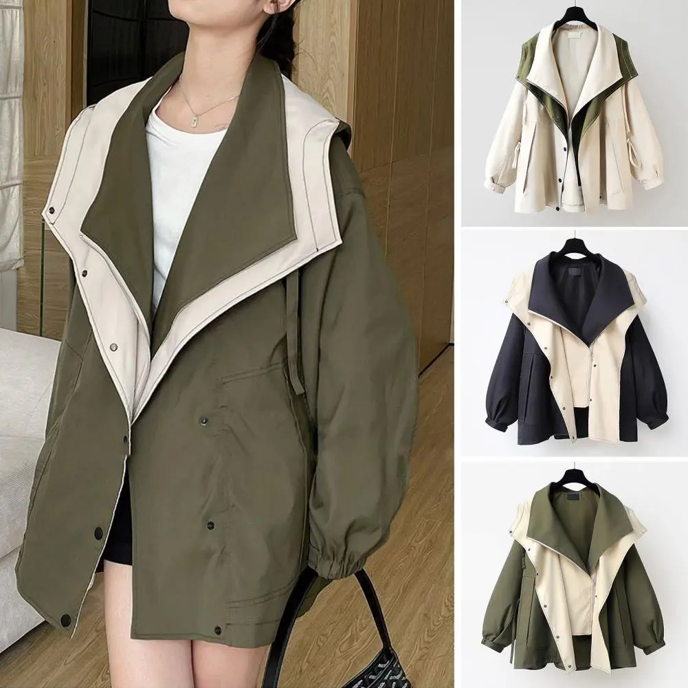 Zipper Closure Coat Stylish Women's Colorblock Windbreaker with Hood Zipper Button Closure Cargo Style Long Sleeves Tight Waist