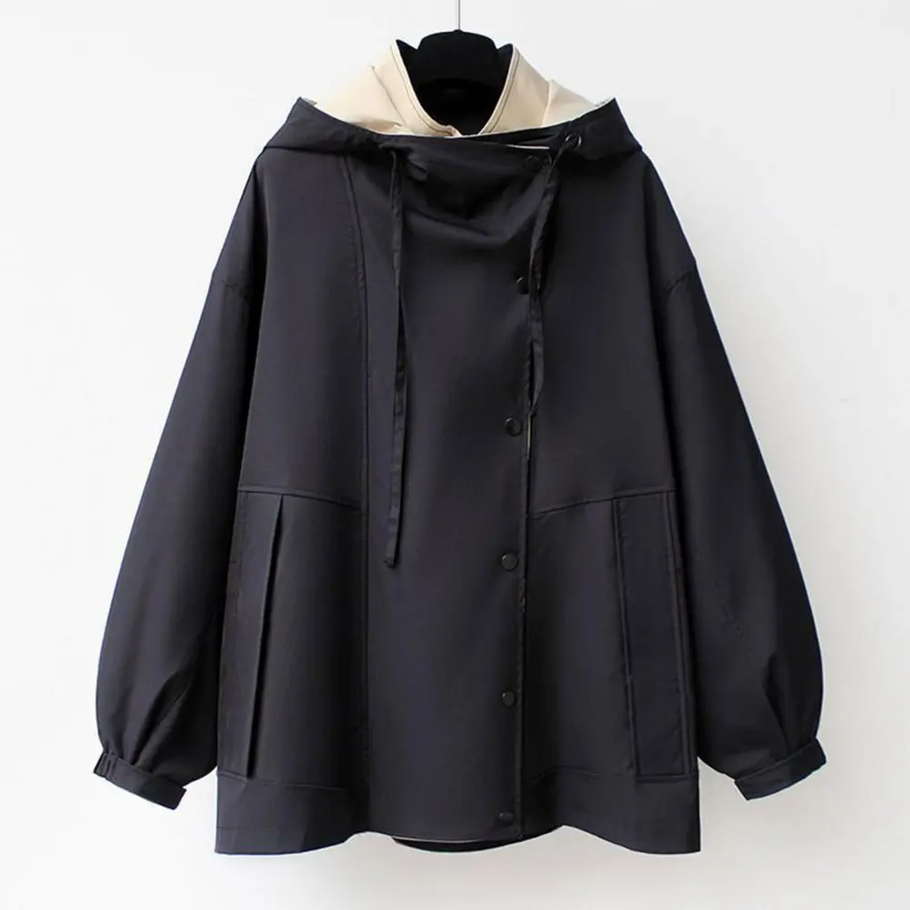 Zipper Closure Coat Stylish Women's Colorblock Windbreaker with Hood Zipper Button Closure Cargo Style Long Sleeves Tight Waist