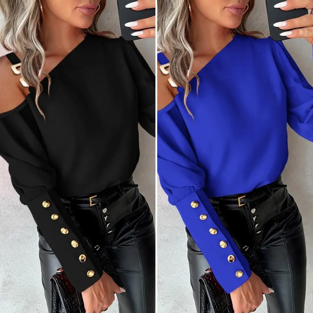 One Shoulder Lady Shirt Long Sleeve Buttons Decor Women Blouse Elegant Soft Pullovers Tops Loose Casual Blouses Shirt Spring