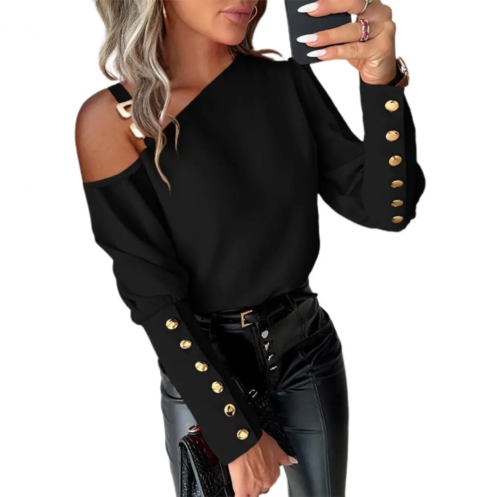 One Shoulder Lady Shirt Long Sleeve Buttons Decor Women Blouse Elegant Soft Pullovers Tops Loose Casual Blouses Shirt Spring