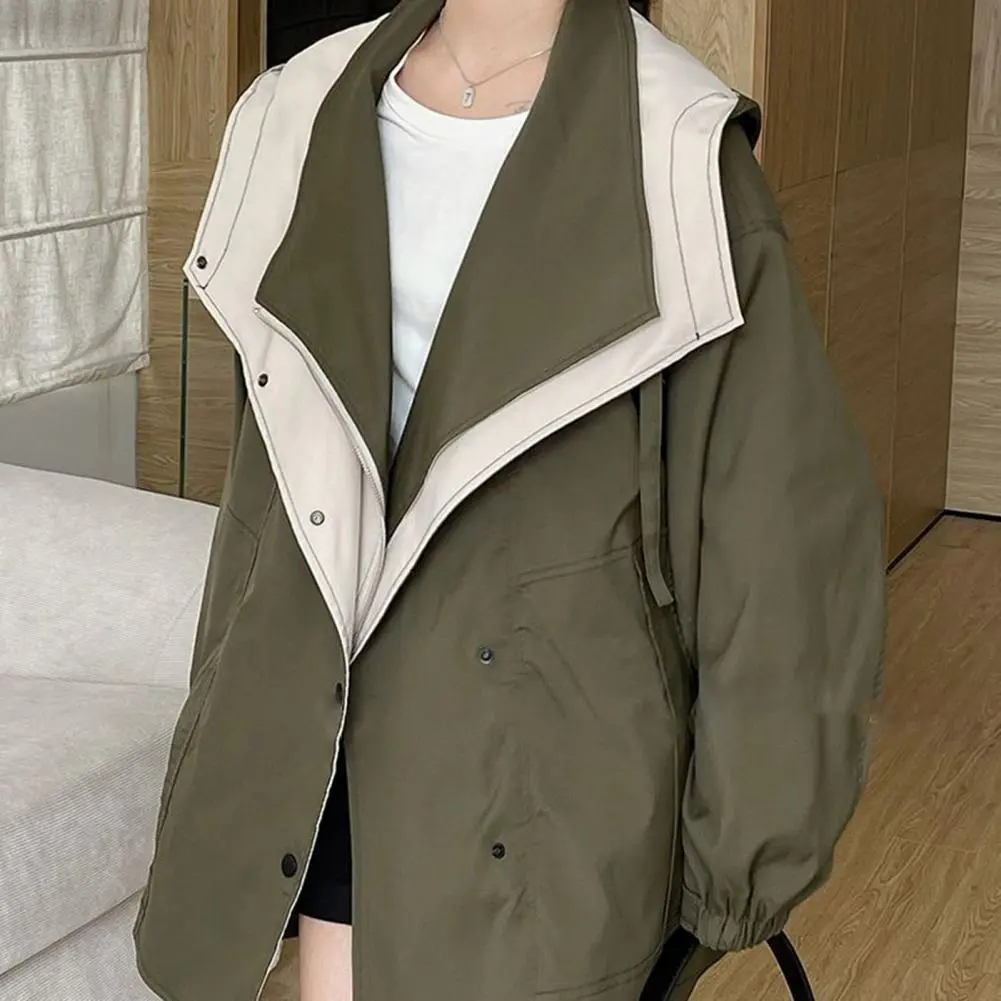 Zipper Closure Coat Stylish Women's Colorblock Windbreaker with Hood Zipper Button Closure Cargo Style Long Sleeves Tight Waist