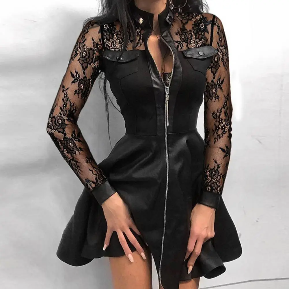 S-3XL Women's Faux Leather PU Mini Dress Zipper-up Long Sleeve Stand Collar Slim High Street Casual Vintage Chic Luxury Dresses