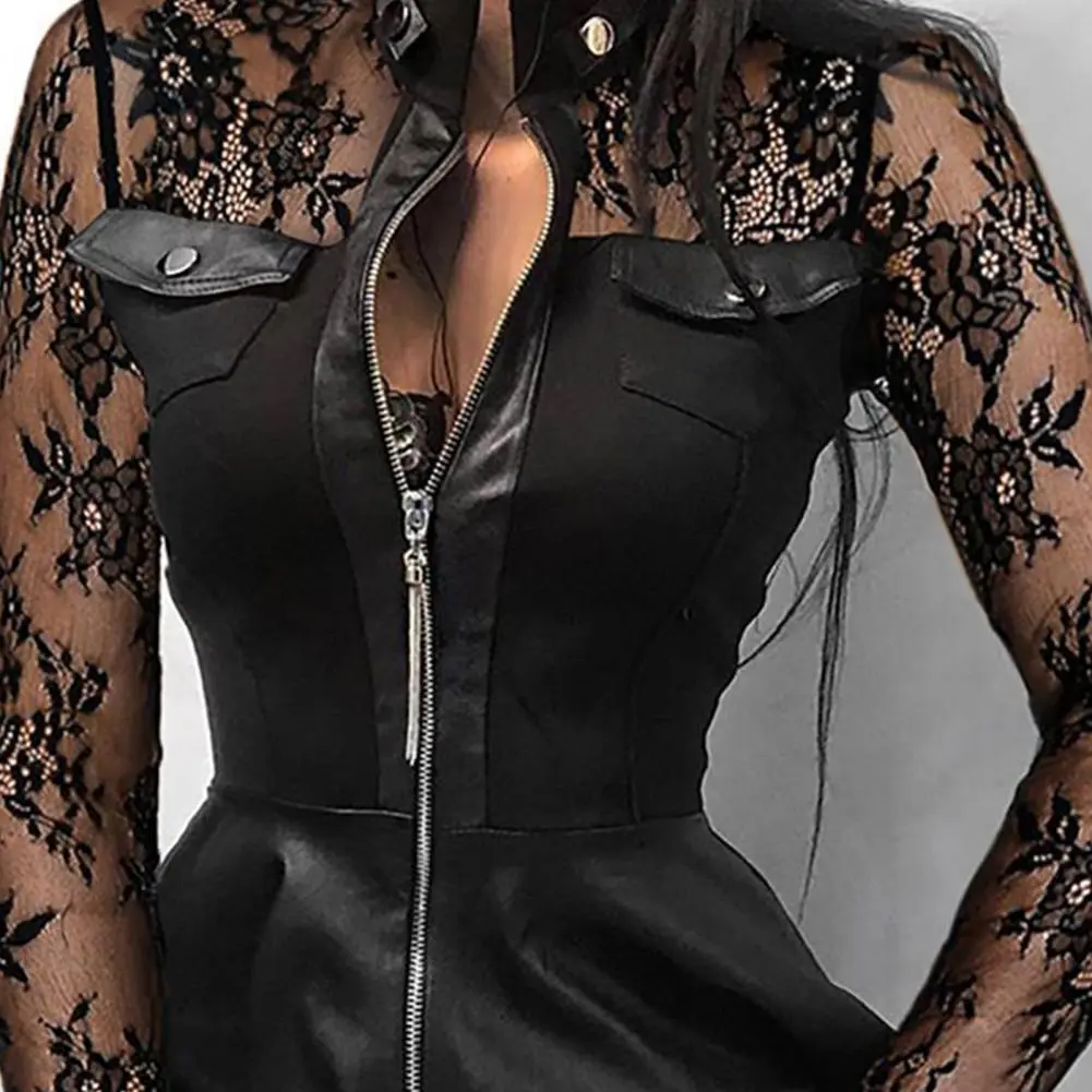 S-3XL Women's Faux Leather PU Mini Dress Zipper-up Long Sleeve Stand Collar Slim High Street Casual Vintage Chic Luxury Dresses