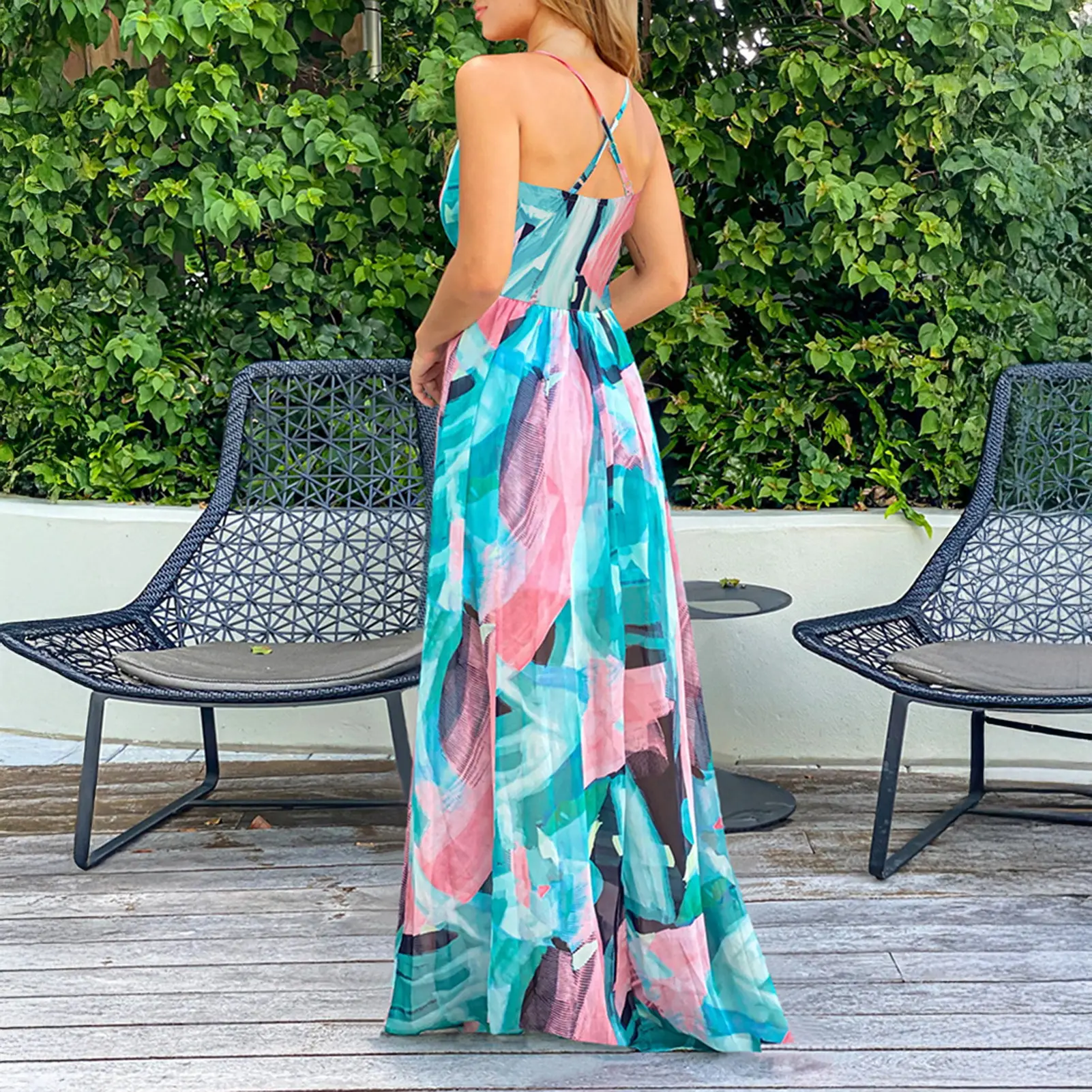 Women's Sleeveless Long Boho Dress Summer Loose Print Spaghetti Strap Flowy Dresses Bohemian Sundress Beachwear Party Coctail