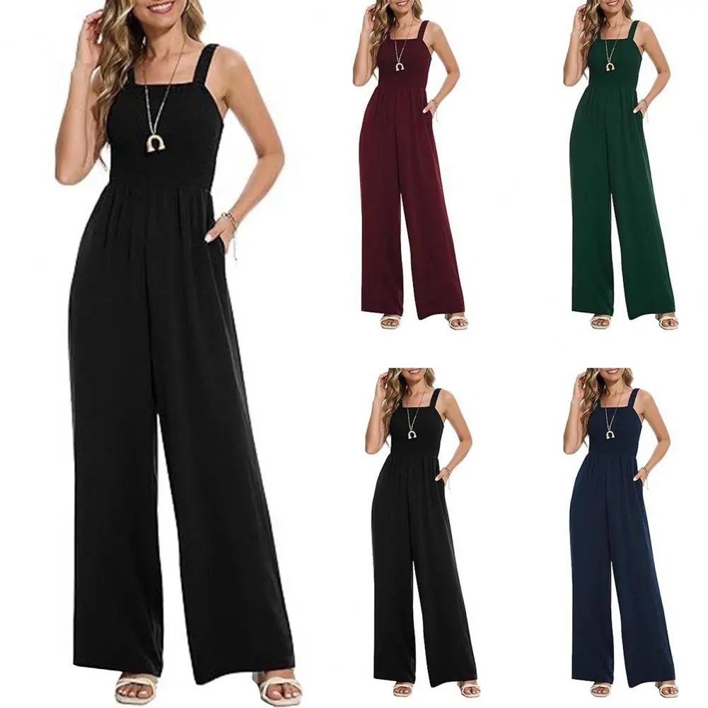 Comfortable Jumpsuit Stylish Summer Sleeveless Jumpsuits for Women with Wide Leg Pants Pockets Square Neck Romper for Women's