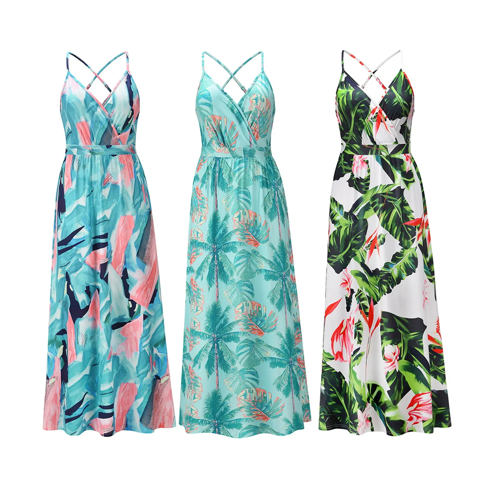 Women's Sleeveless Long Boho Dress Summer Loose Print Spaghetti Strap Flowy Dresses Bohemian Sundress Beachwear Party Coctail