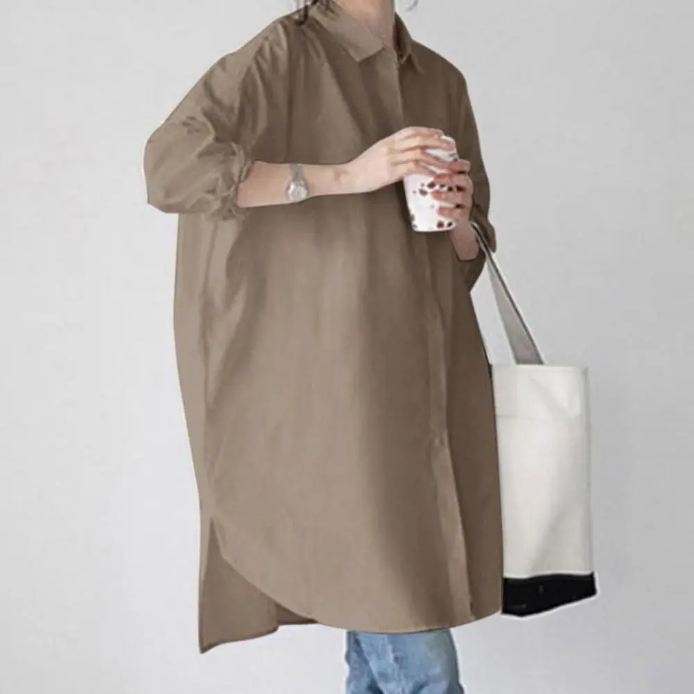 Women's Solid Color Button Front Shirt Dress - Casual Long Sleeve Lapel Dress For Spring & Fall