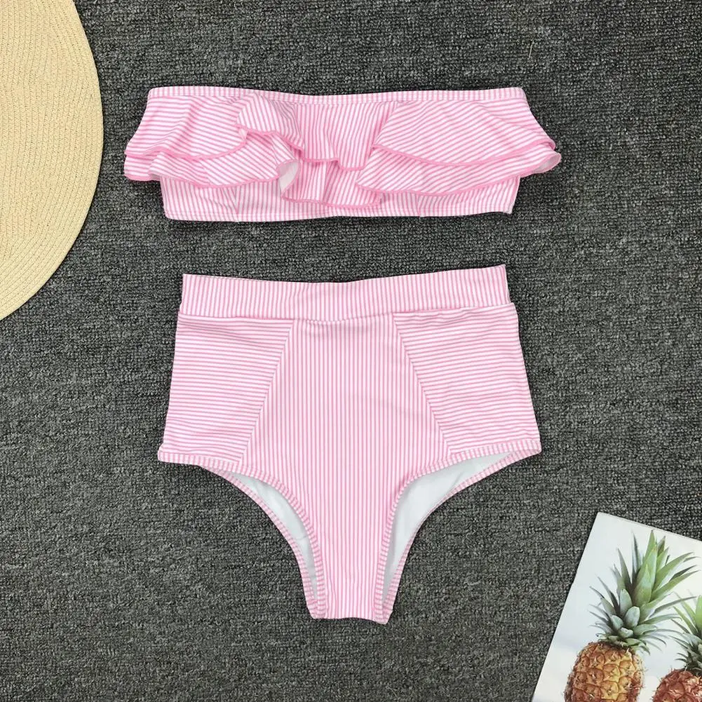 2025 Striped Top Ruffle High Waist Bikini Women Swimwear Female Swimsuit Two-pieces Bikini set Bandeau Bikinis Bathing Suit Swim