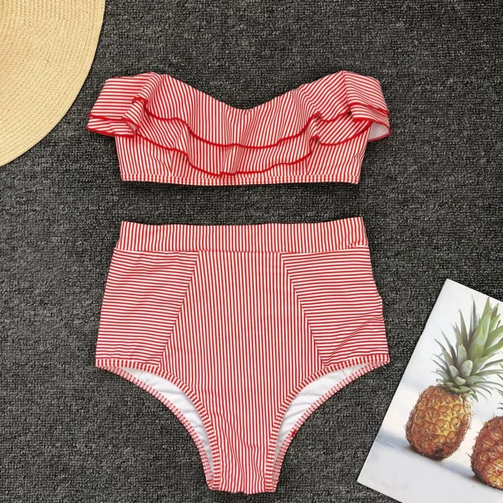 2025 Striped Top Ruffle High Waist Bikini Women Swimwear Female Swimsuit Two-pieces Bikini set Bandeau Bikinis Bathing Suit Swim