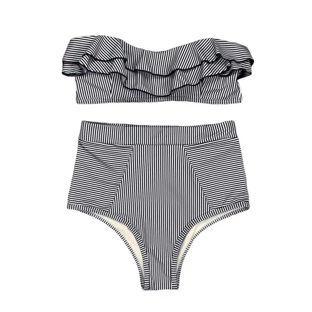 2025 Striped Top Ruffle High Waist Bikini Women Swimwear Female Swimsuit Two-pieces Bikini set Bandeau Bikinis Bathing Suit Swim