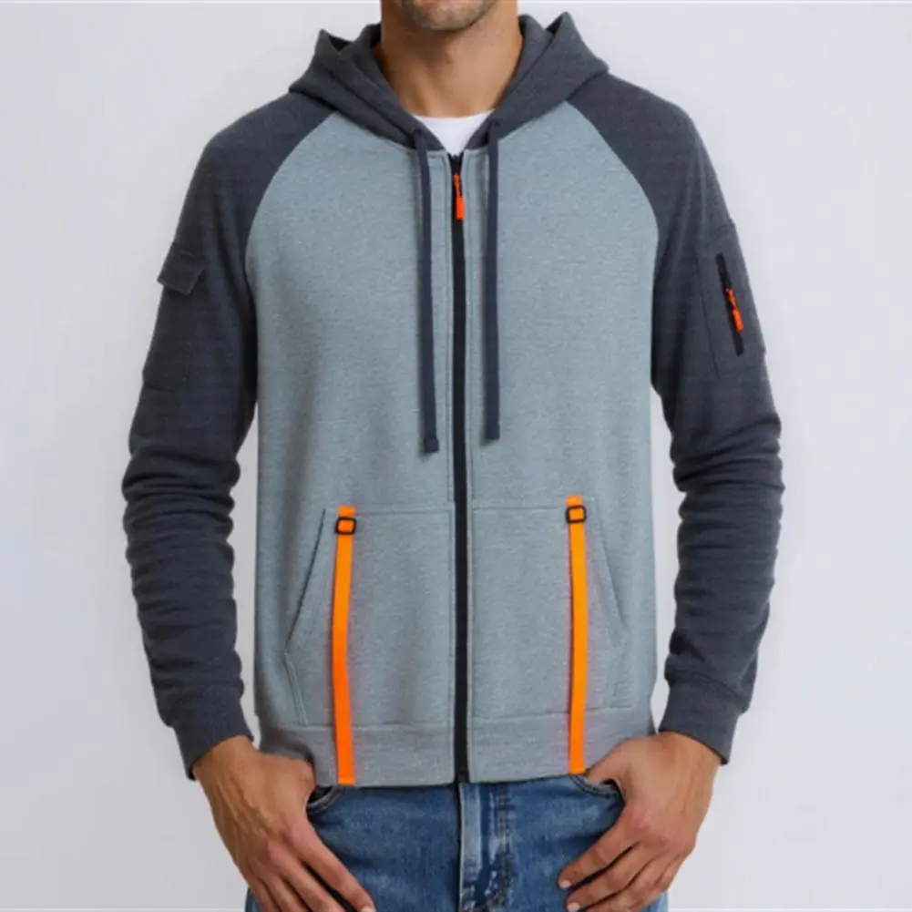 Men Polyester Hoodie Stylish Men's Hooded Jacket with Multi-pocket Design for Autumn/winter Wear Zip-up Fleece Lined for Daily
