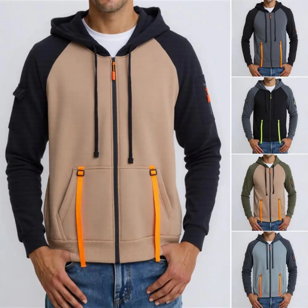 Men Polyester Hoodie Stylish Men's Hooded Jacket with Multi-pocket Design for Autumn/winter Wear Zip-up Fleece Lined for Daily