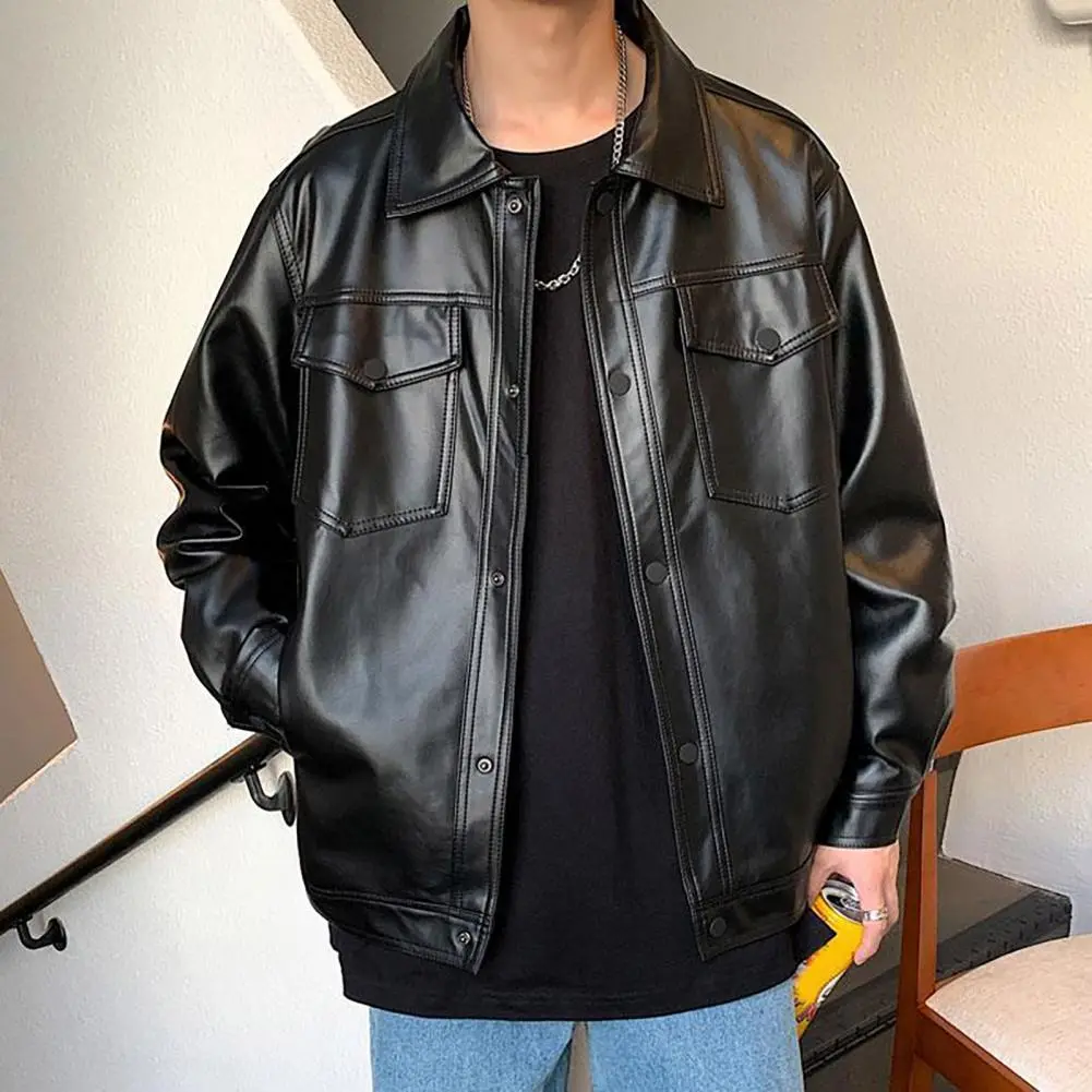 2024 Winter Black Leather Jacket Men Warm Motorcycle Jacket Slim Street Fashion BLack Biker Coat Button Winter