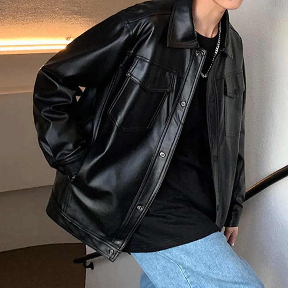 2024 Winter Black Leather Jacket Men Warm Motorcycle Jacket Slim Street Fashion BLack Biker Coat Button Winter