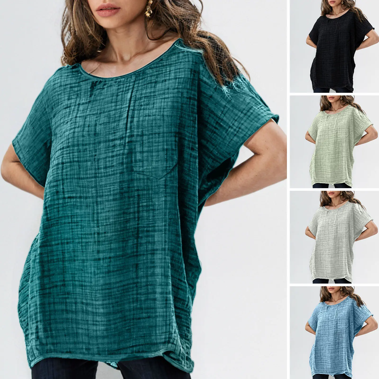 S-5XL Blouse Patchwork Women's Short Sleeve T-Shirt Casual Fashion Summer Tops Loose Pullover Oversize Pocket Shirts Female