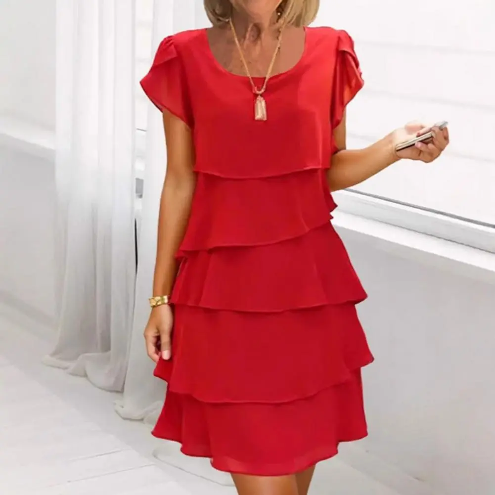 Women Plus Size Chiffon Dress Short Sleeve Elegant O-Neck Solid Party Irregular Layered Petal Sleeve Summer Fashion Maxi Dress