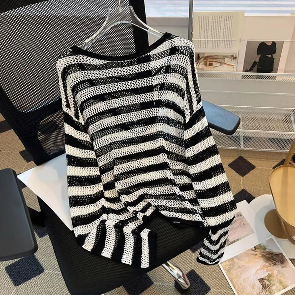 Off Shoulder Backless Striped Cropped Sweater Women Vintage Oversize Knit Jumper Female Autumn Long Sleeve O-neck Pullovers Tops